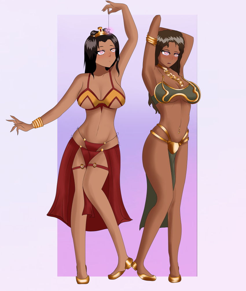 arm_bands bare_legs bare_shoulders blush bracelet breasts chains cleavage dark_skin female_only femsub harem_outfit hypnotized_hypnotist jade_(msmith322) kronobas28 midriff mikiyah_(msmith322) multiple_girls multiple_subs navel navel_piercing open_mouth original pendulum piercing self_hypnosis tagme