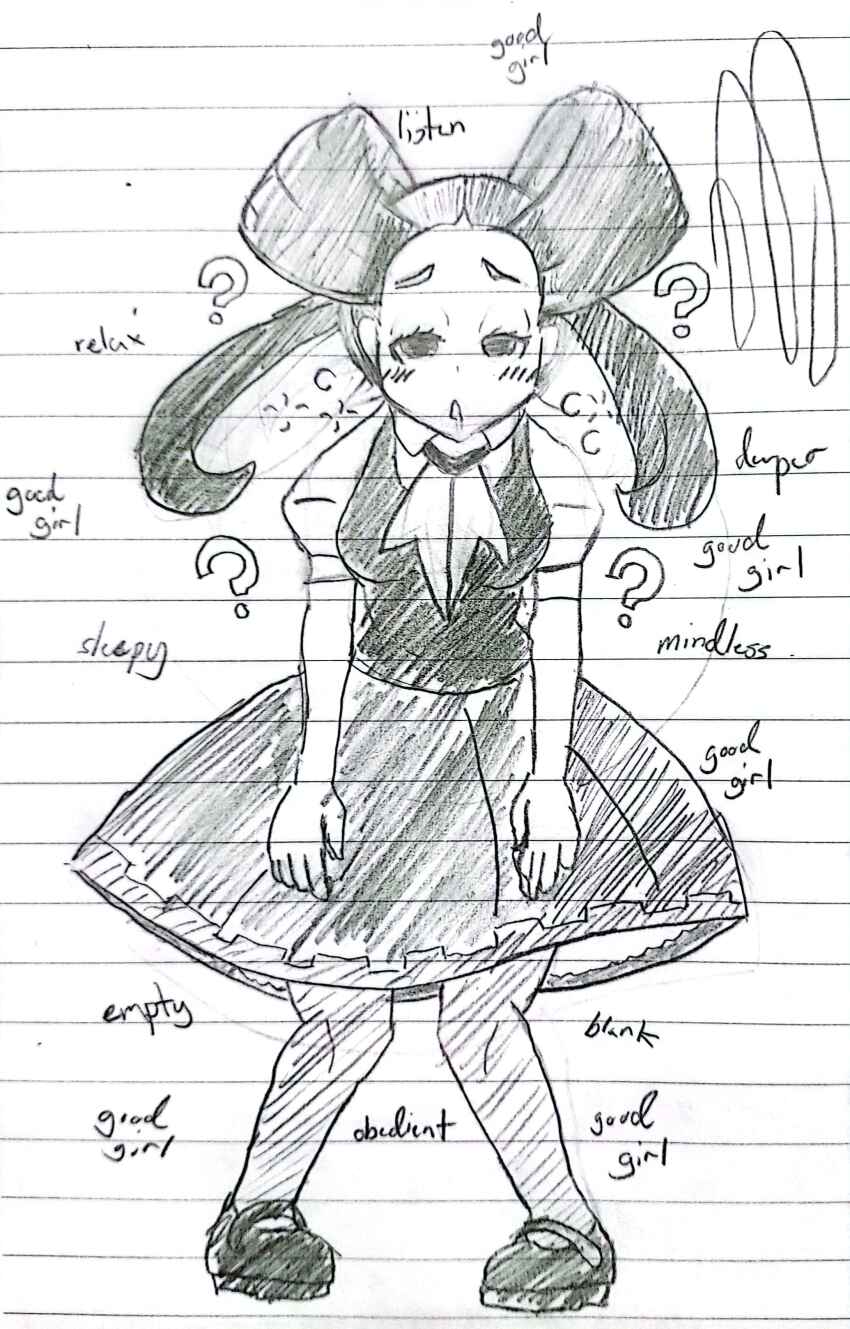 ascot blush breasts confused dress drool empty_eyes female_only femsub good_sub_conditioning greyscale large_breasts leaning_forward leggings nintendo open_mouth pokemon pokemon_omega_ruby_and_alpha_sapphire roxanne shoes sleepy slouching sobergin solo standing text traditional twintails