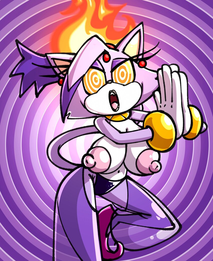 absurdres angry blaze_the_cat bracelet breasts cat_girl cleavage collar earrings erect_nipples female_only femdom femsub furry gloves harem_outfit huge_breasts large_breasts navel nipples open_mouth orange_eyes panties ring_eyes sachasketchy see-through shoes solo sonic_the_hedgehog_(series) spiral spiral_background topless underwear