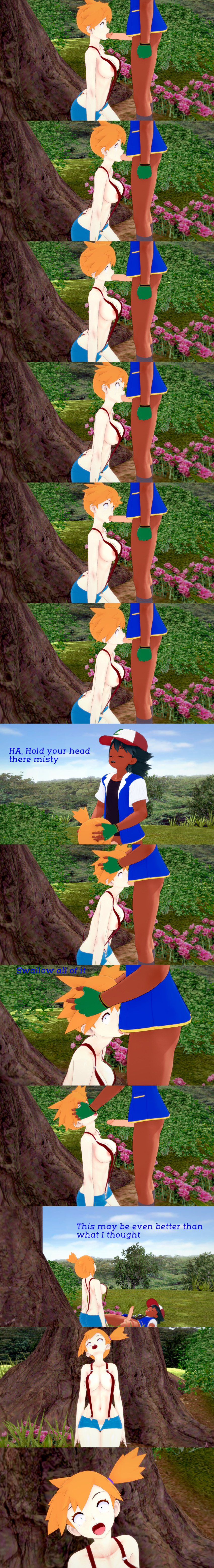 absurdres ash_ketchum black_hair blue_eyes breasts brown_eyes censored closed_eyes dialogue english_text fellatio femsub horokeu kneeling maledom misty nintendo nipples nude oral orange_hair penis pokemon pokemon_(anime) short_hair shrunken_irises text