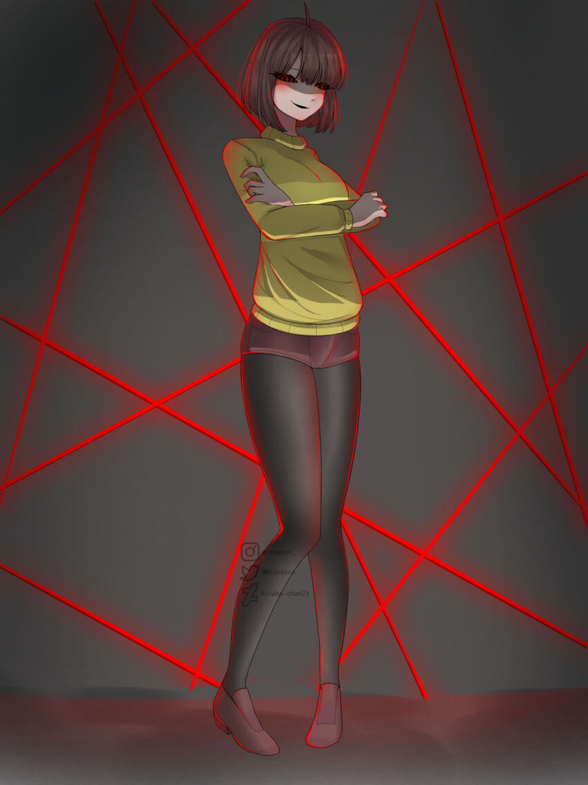 blush brown_hair chara_(undertale) clothed crossed_arms female_only femdom hypnotic_eyes leggings ninako-chan23 pov pov_sub ring_eyes shoes short_hair shorts simple_background smirk sweater undertale watermark