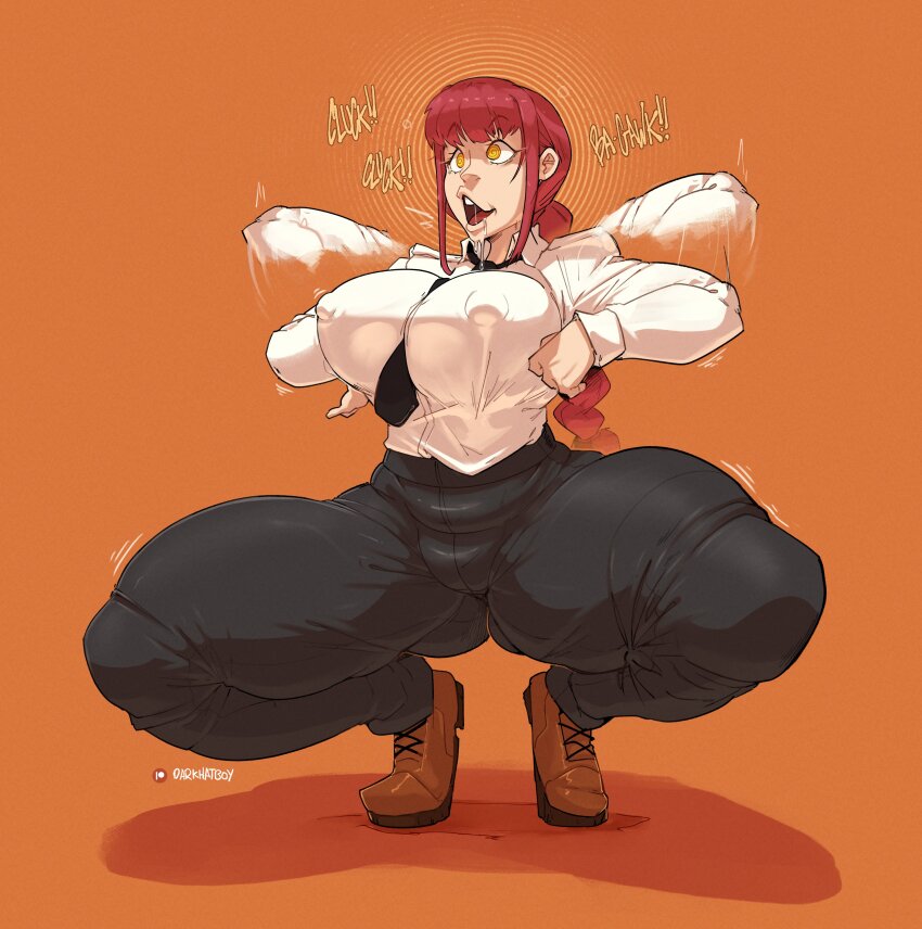 absurdres bangs boots breasts chainsaw_man chicken_pose darkhatboy dress_shirt drool erect_nipples erect_nipples_under_clothes femsub humiliation humor makima_(chainsaw_man) open_mouth pants pet_play ponytail red_hair signature simple_background smile spiral spiral_eyes spread_legs squatting straight-cut_bangs sweat symbol_in_eyes text tie very_long_hair yellow_eyes