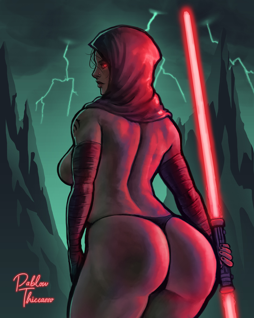 ass bare_shoulders black_hair breasts corruption expressionless female_only femsub glowing glowing_eyes huge_ass lightsaber looking_at_viewer pablowthiccasso panties red_eyes rey_(star_wars) short_hair sideboob solo star_wars tattoo thong topless underwear
