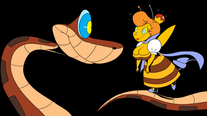 antenna bee_girl black_background breasts bug_girl chip_n_dale_rescue_rangers cleavage disney femsub furry happy_trance howling_mad_fox_hatter hypnotic_eyes hypnotized_walking kaa kaa_eyes large_breasts orange_hair queenie short_hair simple_background smile snake the_jungle_book wings