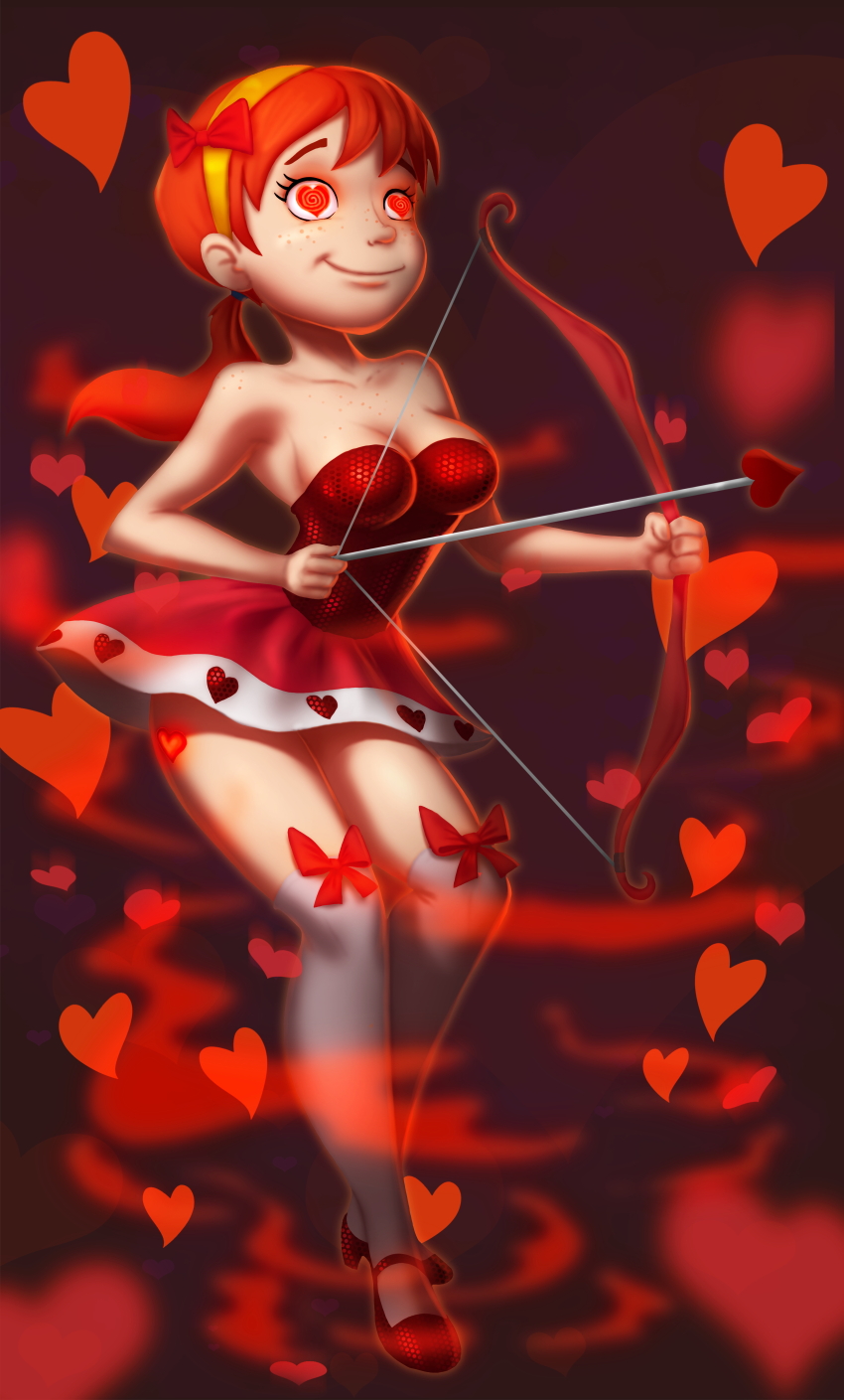 14-bis absurdres april_o'neil arrow bow_(weapon) cleavage dress female_only femsub freckles hair_band happy_trance heart heart_eyes high_heels ponytail red_hair solo spiral_eyes symbol_in_eyes teenage_mutant_ninja_turtles thighhighs tomboy valentine's_day weapon