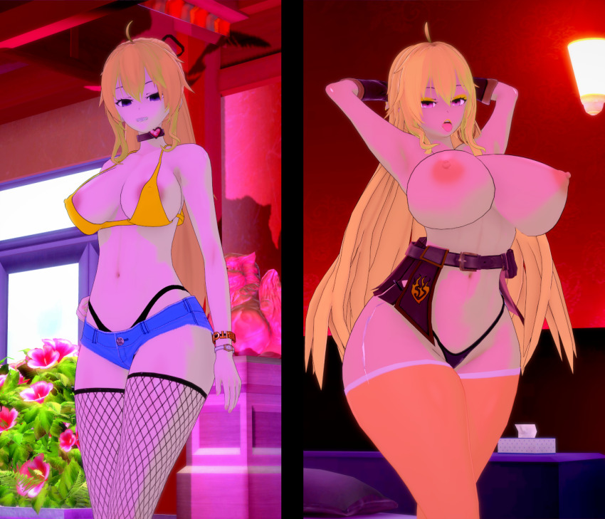 3d anaros before_and_after bikini_top bimbofication blonde_hair breast_expansion corruption female_only femsub fishnets jean_shorts large_breasts midriff rwby thighhighs thong topless transformation yang_xiao_long