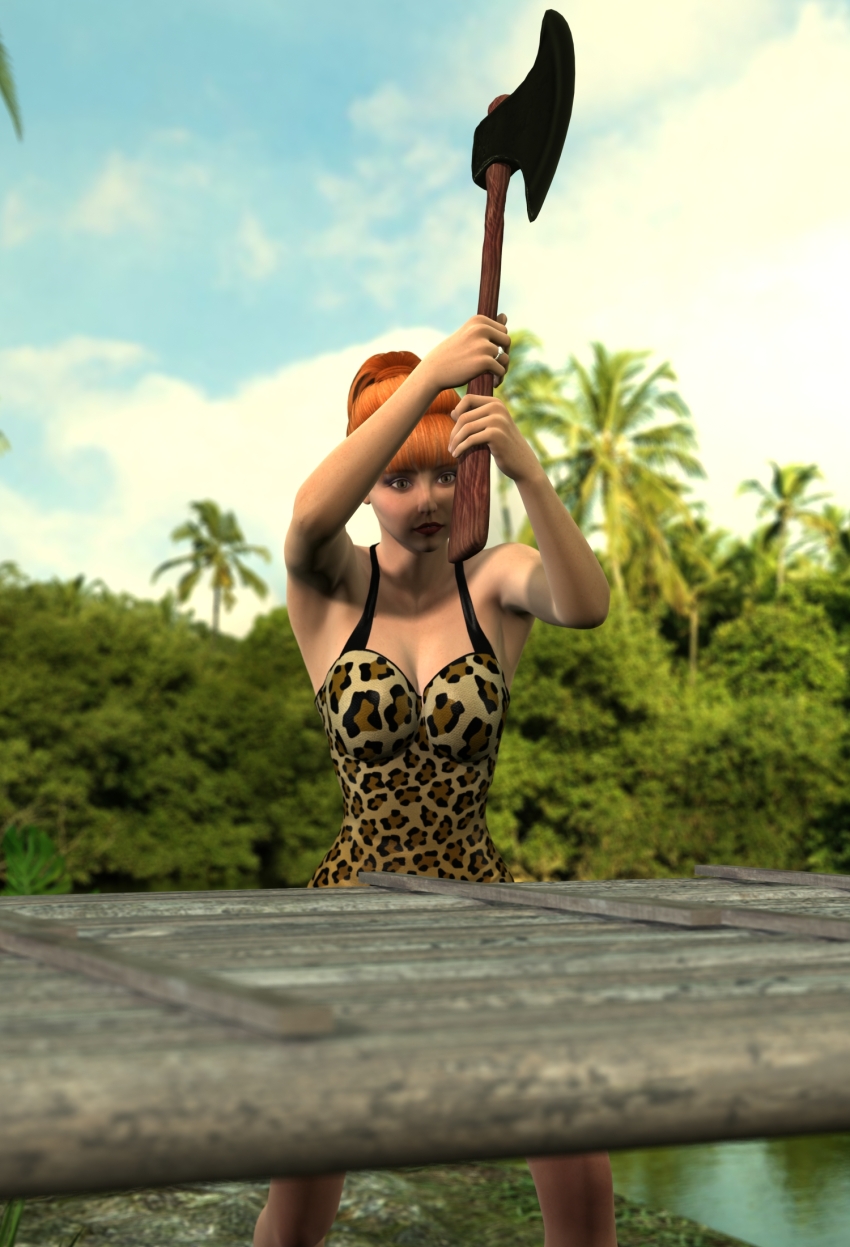 3d axe female_only femsub gilligan's_island ginger_grant hypnotic_accessory leopard_print member9 one-piece_swimsuit outdoors ponytail red_hair solo swimsuit weapon
