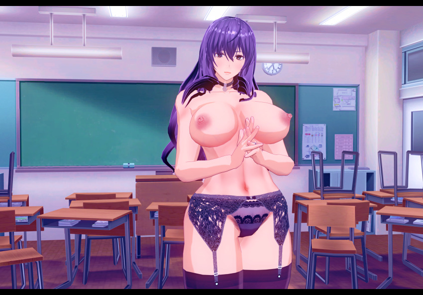 3d absurdres altered_common_sense blush breasts character_request choker classroom cleavage comic custom_maid_3d_2 empty_eyes erect_nipples female_only femsub happy_trance huge_breasts kasarou large_hips lingerie long_hair looking_at_viewer milf navel netorare original pov pov_dom purple_eyes purple_hair solo standing standing_at_attention teacher thighhighs