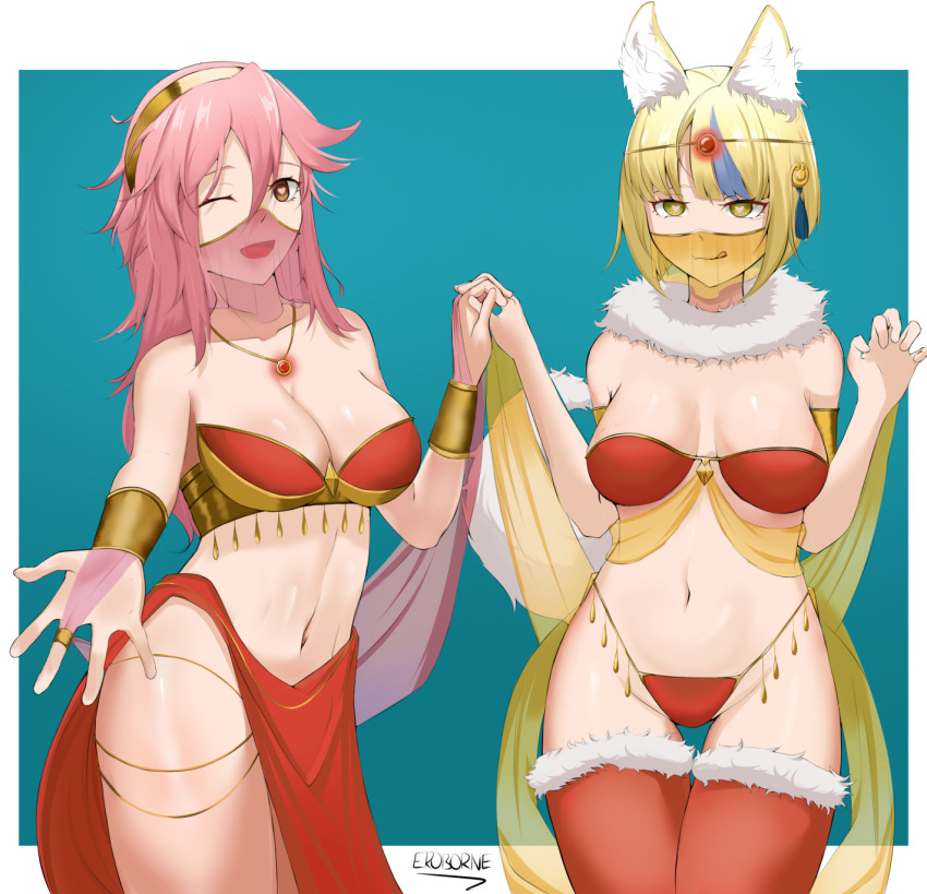 absurdres animal_ears bangs bare_legs bare_shoulders blonde_hair blue_hair breasts circlet cleavage clothed clothed_exposure dancer dancing eroborne female_only femsub fire_emblem fire_emblem_fates fox_ears fox_girl fox_tail fur_coat gold hair_ornament happy_trance harem harem_outfit headband heart heart_eyes holding_hands hypnotic_accessory jewelry kitsune_girl large_breasts legs licking licking_lips lip_biting loincloth long_hair looking_at_viewer love midriff multicolored_hair multiple_girls multiple_subs navel necklace nintendo one_eye_open open_mouth orange_eyes pink_hair pov pov_dom ribbon royalty seductive_smile selkie_(fire_emblem_fates) short_hair smile smirk soleil_(fire_emblem) standing straight-cut_bangs symbol_in_eyes tail thick_thighs thighhighs thighs tongue tongue_out veil very_long_hair wrist_band yellow_eyes