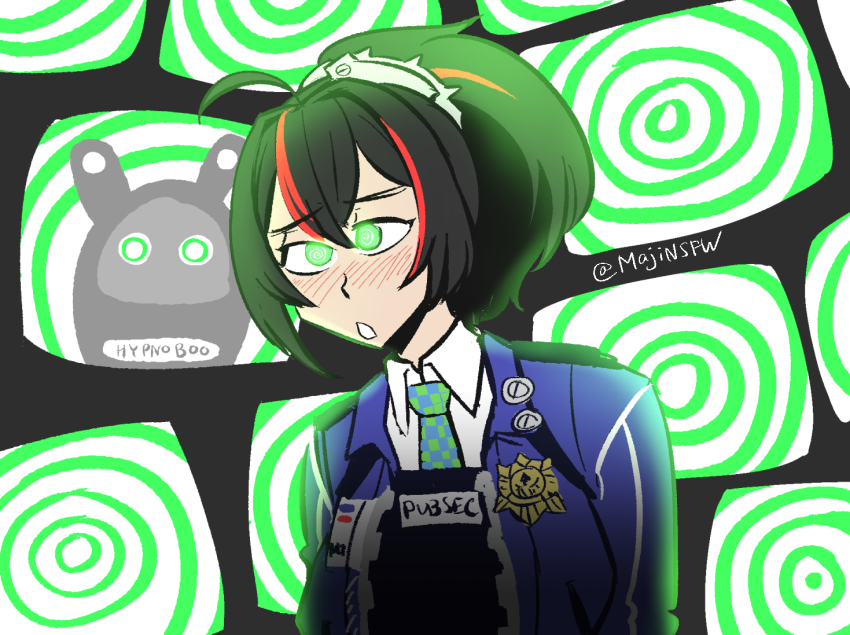 ahoge black_hair blush clothed female_only femsub glowing_eyes green_eyes hypnotic_screen majinsfw open_mouth police_uniform policewoman ponytail shirt signature solo spiral spiral_eyes symbol_in_eyes tagme tech_control tie tv zenless_zone_zero zhu_yuan