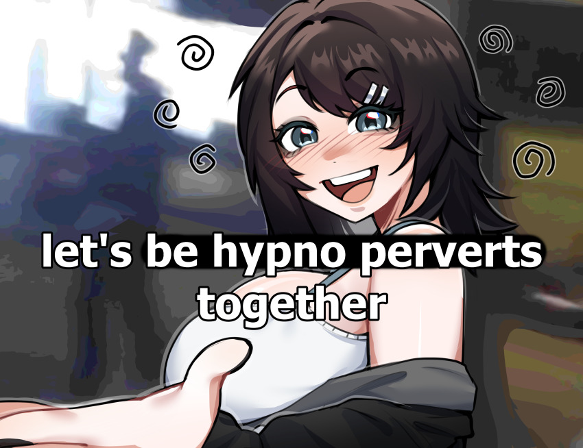 angel_(anodyne) bangs black_hair blue_eyes blush breasts english_text eyebrows_visible_through_hair eyelashes female_only hair_clips happy_trance humor meme muxho open_mouth original smile spiral tank_top text