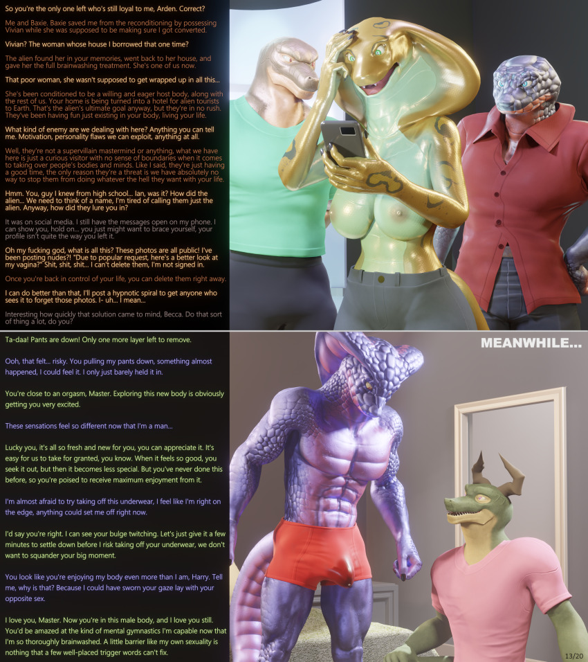 3d alien angry arden_(thalarynth) becca_(thalarynth) boxers caption dialogue erection erection_under_clothes femdom furry harry_(thalarynth) humor ian_(thalarynth) jules_(thalarynth) lizard_boy maledom malesub original phone possession precum scalie snake_boy snake_girl text thalarynth_(manipper) topless underwear