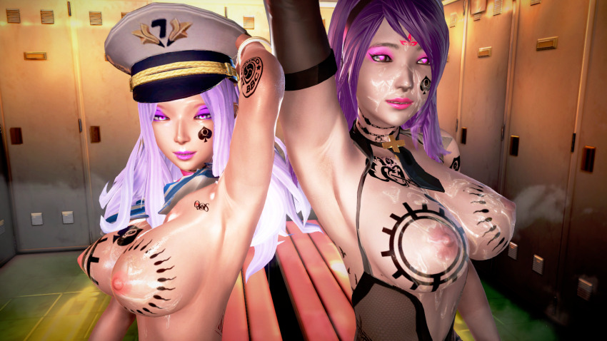 3d armpits arms_above_head breasts breath brown_eyes collar cum cum_on_face face_paint female_only femsub gloves happy_trance hat headdress heart honey_select_2 large_breasts lipstick long_hair looking_at_viewer makeup mo_qin multiple_girls multiple_subs nipples opera_gloves original pink_eyes pink_lipstick purple_hair qos see-through smile tattoo tie topless