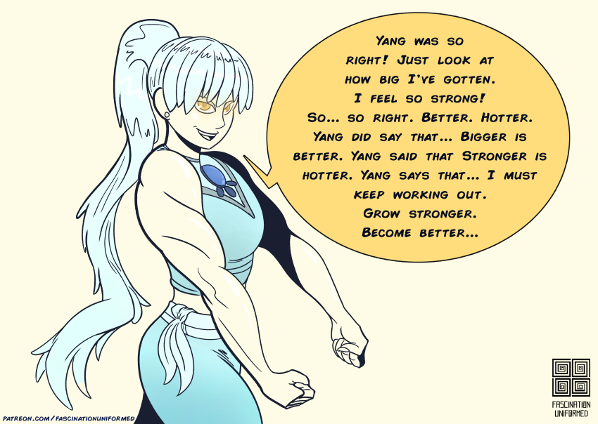 absurdres dialogue female_only femdom femsub glowing glowing_eyes mr_scade muscle_girl ponytail rwby solo text unaware very_long_hair weiss_schnee white_hair yellow_eyes