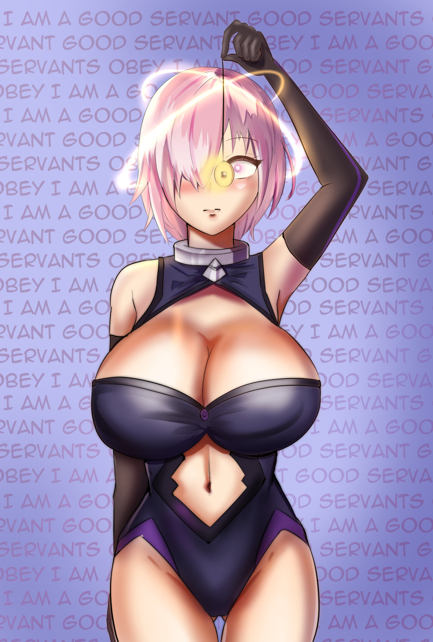 absurdres breasts cleavage clothed collar fate/grand_order fate_(series) female_only femsub gloves glowing glowing_eyes gradient_background huge_breasts magic mantra mashu_kyrielight midriff navel opera_gloves pendulum pink_eyes pink_hair self_hypnosis shrunken_irises simple_background smeef solo thigh_gap thighs tight_clothing