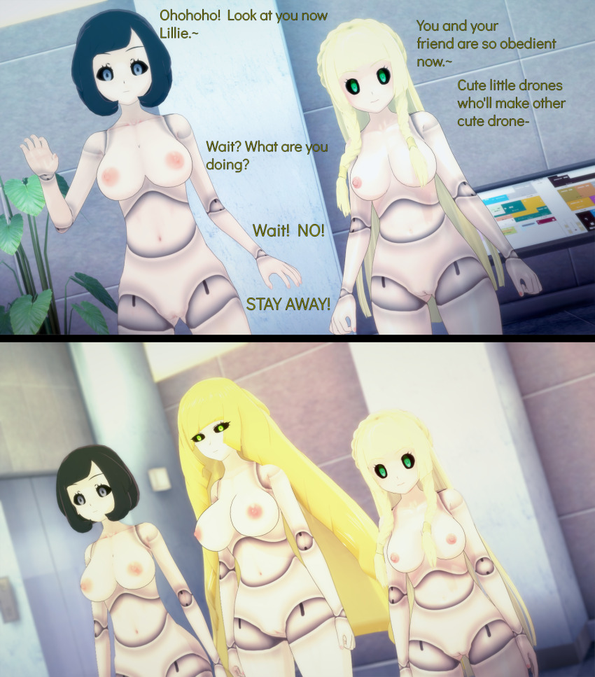 3d black_hair black_sclera blonde_hair bottomless breasts cyanstargazer dialogue doll_joints drone dronification femdom femsub green_eyes grey_eyes hypnotized_hypnotist koikatsu! large_breasts lillie_(pokemon) lusamine mother_and_daughter multiple_girls multiple_subs nintendo nude pokemon pokemon_sun_and_moon robot robot_girl robotization selene_(pokemon) standing standing_at_attention text topless turning_the_tables