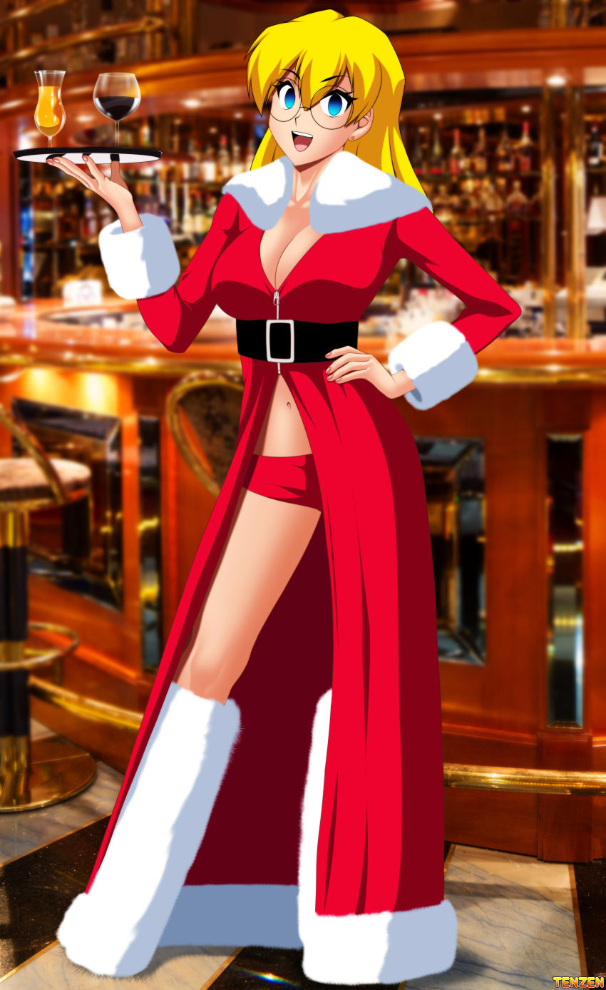absurdres blonde_hair breasts christmas cleavage empty_eyes femsub gina_diggers glasses gold_digger happy_trance huge_breasts long_hair maledom midriff smile tenzen