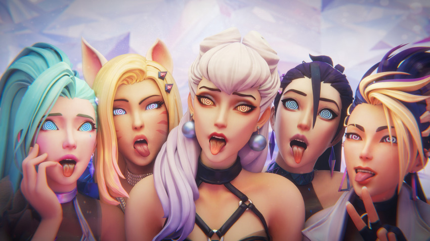 ahri akali alternate_costume evelynn_(league_of_legends) female_only femsub kai'sa league_of_legends long_hair looking_at_viewer manip multiple_girls multiple_subs open_mouth seraphine spiral_eyes spiralwash_eyes supernovax tongue tongue_out