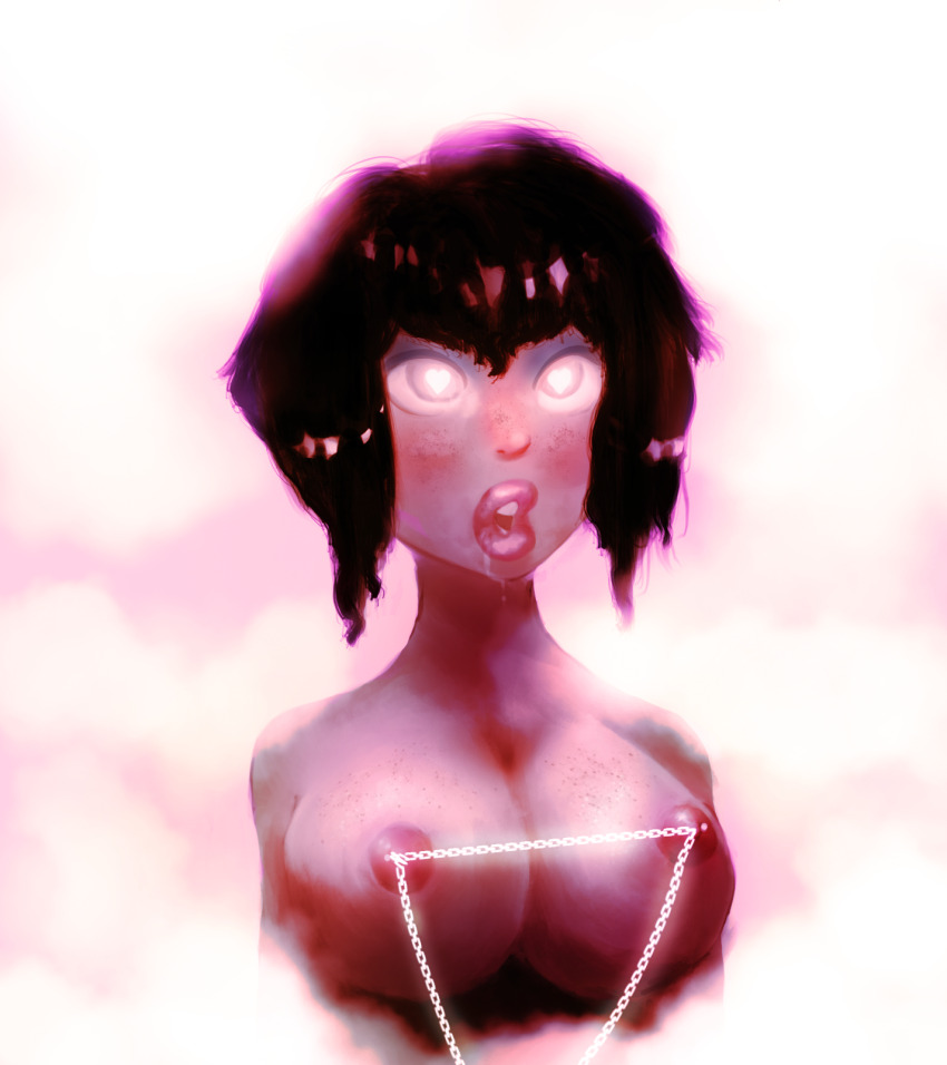 bimbofication black_hair blush bottomless brain_drain breasts cleavage drool female_only femsub happy_trance heart heart_eyes huge_breasts large_breasts large_lips neroro nipple_chains nude open_mouth original solo symbol_in_eyes topless