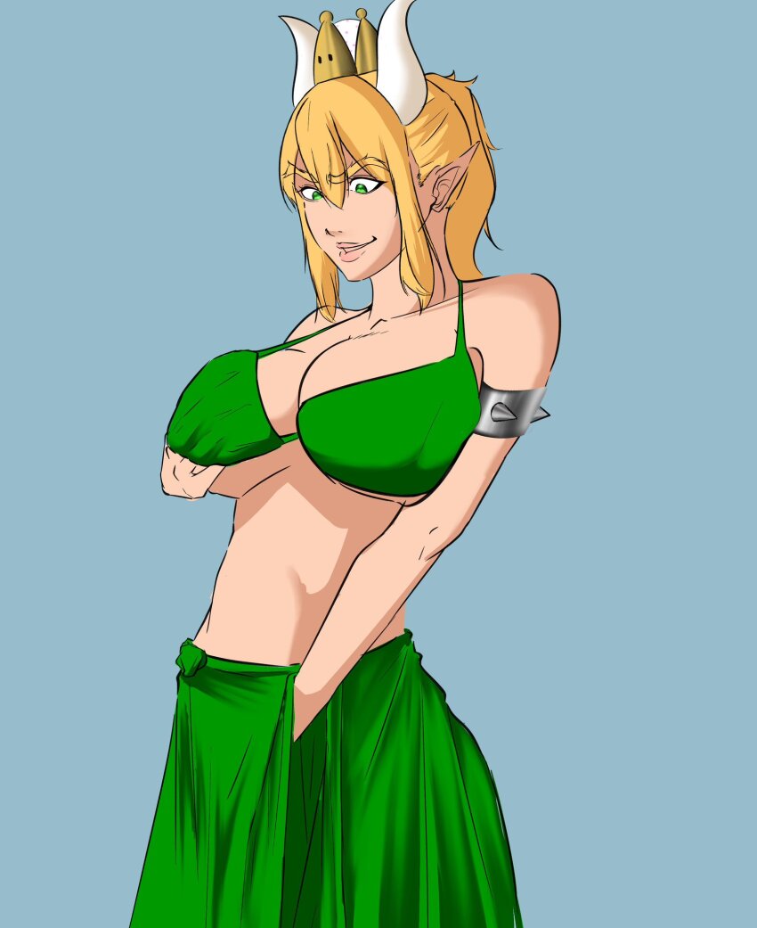 blonde_hair bowsette breast_grab cleavage femsub green_eyes horns masturbation new_super_mario_bros._u_deluxe nintendo papuruum possession super_crown super_mario_bros.