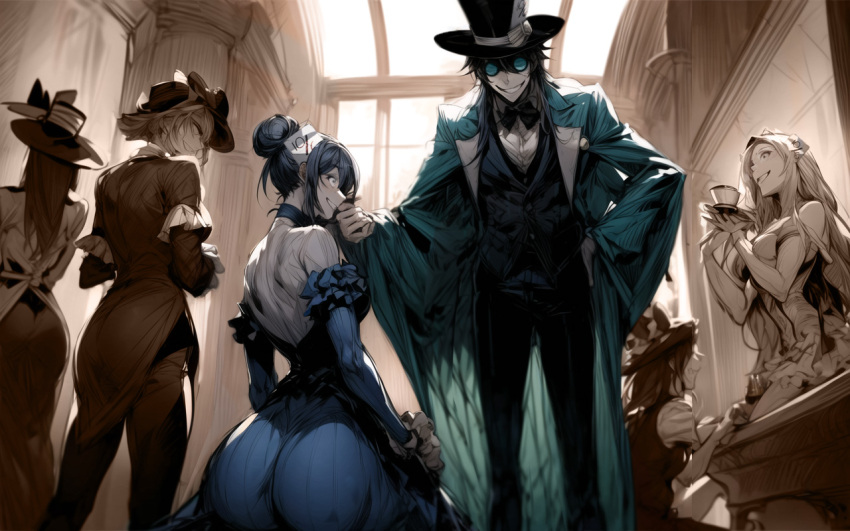 ai_art ass board_exclusive chin_hold choker clothed dress femsub goggles hair_buns happy_trance hypnosisisgreat_(manipper) kneeling long_hair mad_hatter maledom multiple_girls multiple_subs short_hair shrunken_irises smile stable_diffusion_(ai) suit top_hat wide_hips