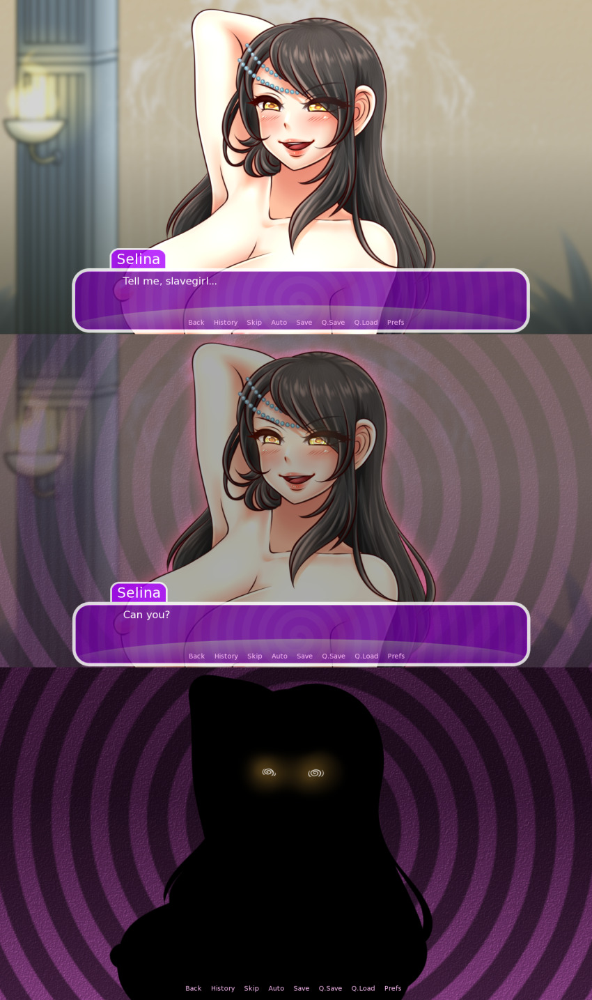 black_hair breasts comic femdom hypnosis_bullies_and_other_high_school_problems hypnotic_eyes large_breasts porniky selina_syginia_(polishguy) spiral spiral_eyes symbol_in_eyes text vn_layout yellow_eyes