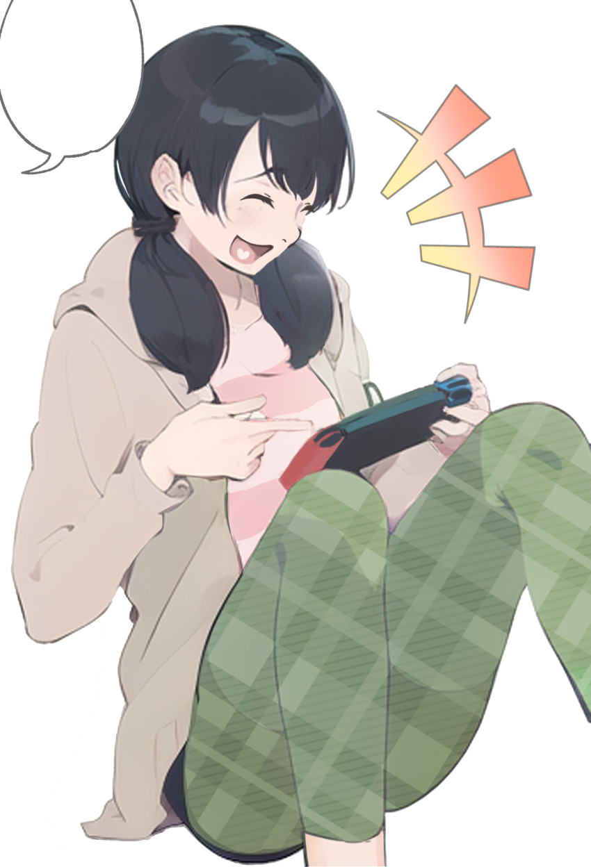 aeni9ma black_hair coat female_only humor laughing nintendo nintendo_switch open_mouth original pajamas twintails