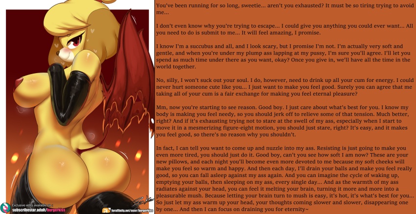 absurdres animal_crossing ass breasts burgerkiss caption caption_only demon_girl femdom furry isabelle_(animal_crossing) looking_at_viewer looking_back male_pov manip monster_girl nintendo overlordmiles_(manipper) pov pov_sub succubus text