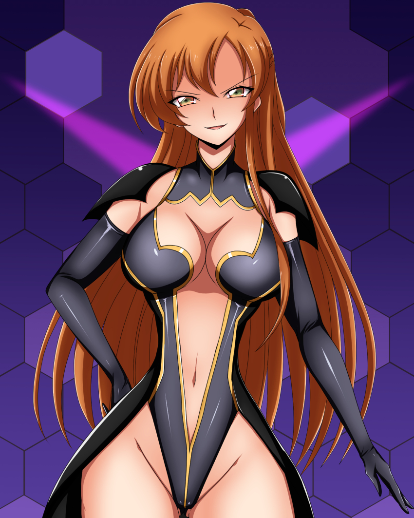breasts cleavage code_geass corruption evil_smile female_only femsub geass gloves green_eyes happy_trance large_breasts leotard long_hair open_mouth orange_hair parametric shirley_fenette smile