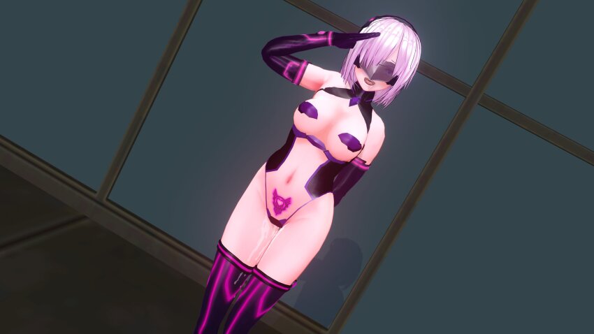 3d blush boots breasts clothed_exposure crotch_tattoo custom_maid_3d_2 dfish303 drool empty_eyes exposed_chest fate/grand_order fate_(series) female_only femsub gloves happy_trance high_heels leotard mashu_kyrielight navel open_mouth opera_gloves pasties purple_eyes purple_hair pussy_juice saluting see-through solo standing tattoo thigh_boots thighhighs visor
