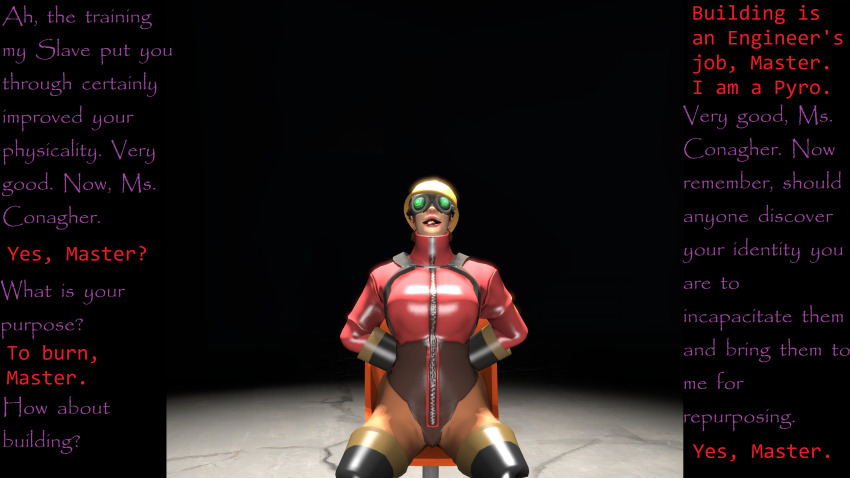 3d absurdres bondage breasts caption engineer_(team_fortress_2) hypnotic_accessory large_breasts manip team_fortress_2 text valve
