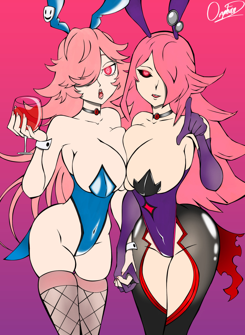 absurdres blazblue breast_press breasts bunny_girl bunnysuit cleavage collar crossover cuffs female_only femsub glowing glowing_eyes hair_covering_one_eye happy_trance holding_hands hypnotic_accessory konoe_a_mercury large_breasts licking_lips long_hair looking_at_viewer milf multiple_girls open_mouth orphan2 pink_hair pov spiral_eyes symbol_in_eyes symmetrical_docking tenkuu_shinpan thighhighs tongue tongue_out yayoi_kusakabe