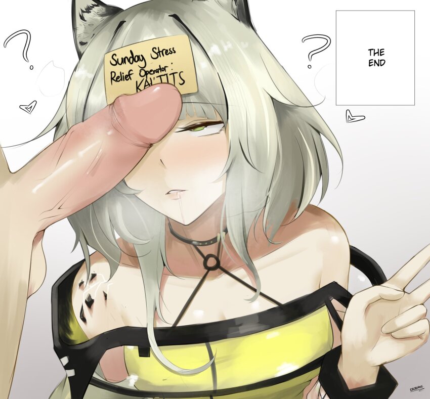 animal_ears arknights bare_shoulders blush breasts choker clothed confused dress drool english_text erection eroborne expressionless eye_roll femsub green_eyes heavy_eyelids kal'tsit_(arknights) maledom penis short_hair simple_background talisman text v white_background