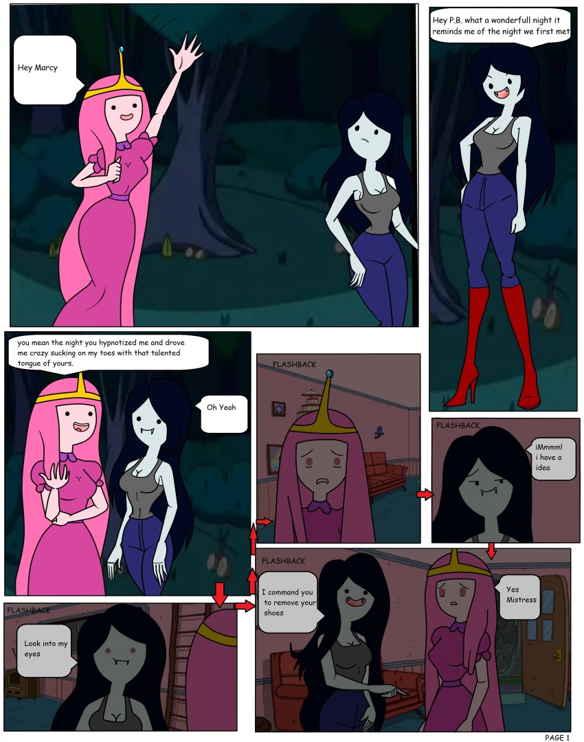 absurdres adventure_time black_hair breasts carlosfco cleavage comic crown dialogue evil_smile expressionless fangs feet female_only femdom femsub hypnotic_eyes jewelry large_breasts long_hair marceline open_mouth pale_skin pink_hair princess princess_bubblegum smile source_request spiral_eyes symbol_in_eyes tank_top text vampire very_long_hair western yuri