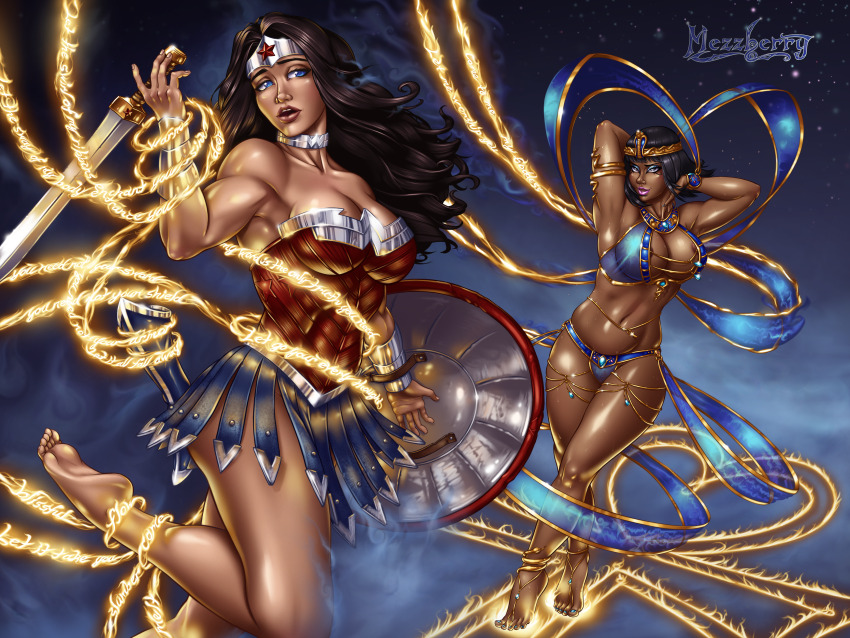 absurdres armor asterix_(series) bare_legs barefoot black_hair breasts cleopatra_(asterix) dancing dark_skin dc_comics egyptian feet female_only femdom femsub flexing harem_outfit hypnotic_dance hypnotic_gas jewelry large_breasts legs lipstick long_hair magic makeup mezzberry muscle_girl open_mouth seductive_smile see-through shield short_hair skirt standing super_hero sweat sword wonder_woman yuri