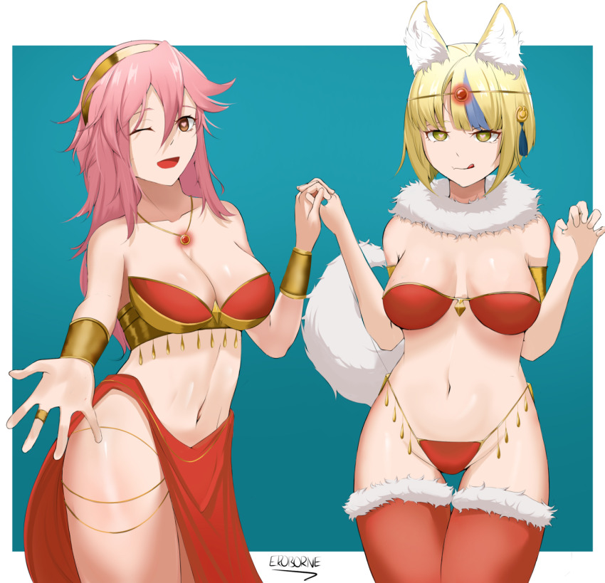 absurdres animal_ears bangs bare_legs bare_shoulders blonde_hair blue_hair breasts circlet cleavage clothed clothed_exposure dancer dancing eroborne female_only femsub fire_emblem fire_emblem_fates fox_ears fox_girl fox_tail fur_coat gold hair_ornament happy_trance harem harem_outfit headband heart heart_eyes holding_hands hypnotic_accessory jewelry kitsune_girl large_breasts legs licking licking_lips lip_biting loincloth long_hair looking_at_viewer love midriff multicolored_hair multiple_girls multiple_subs navel necklace nintendo one_eye_open open_mouth orange_eyes pink_hair pov pov_dom ribbon royalty seductive_smile selkie_(fire_emblem_fates) short_hair smile smirk soleil_(fire_emblem) standing straight-cut_bangs symbol_in_eyes tail thick_thighs thighhighs thighs tongue tongue_out very_long_hair wrist_band yellow_eyes