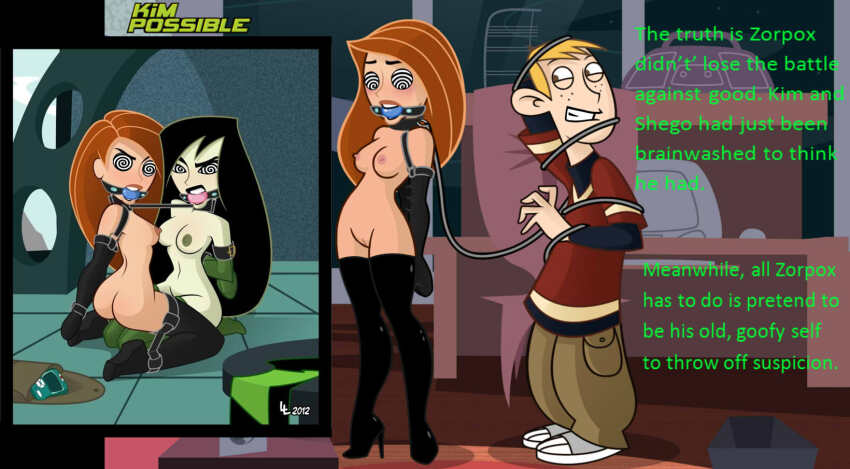 arms_behind_back ball_gag black_hair blonde_hair bondage boots bottomless breasts collar disney erect_nipples femsub gag gloves green_hair green_skin hypnotic_eyes kim_possible kim_possible_(series) leash long_hair maledom manip nipples nude opera_gloves orange_hair red_hair ron_stoppable shego spiral_eyes super_hero symbol_in_eyes text thigh_boots thighhighs topless western zodiac_(manipper)