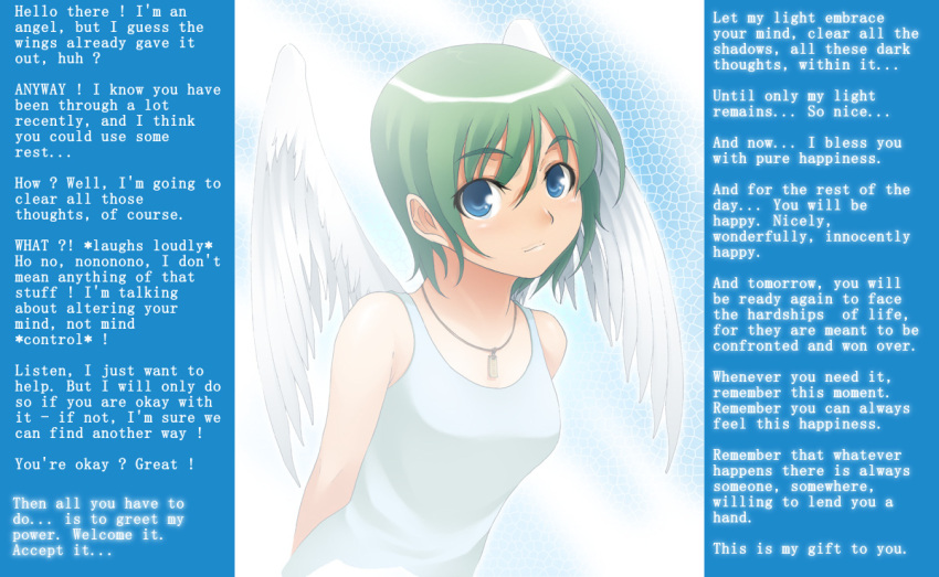 angel angel_girl blue_eyes caption consensual dress female_only femdom green_hair kayvaan_(manipper) looking_at_viewer magic manip mitsuba_minoru necklace pov pov_sub text wholesome wings