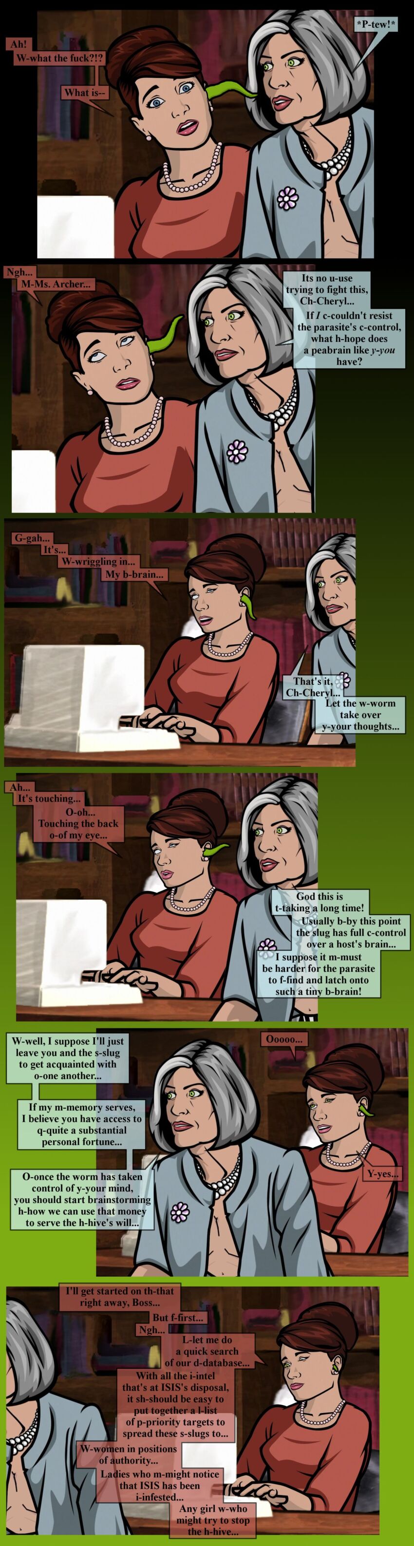 archer_(series) aware blue_eyes cheryl_tunt clothed clothed_exposure dialogue english_text eye_roll female_only femsub green_eyes grey_hair guyman806 hypnotized_dom hypnotized_hypnotist mallory_archer milf multiple_girls multiple_subs parasite red_hair resisting text worm