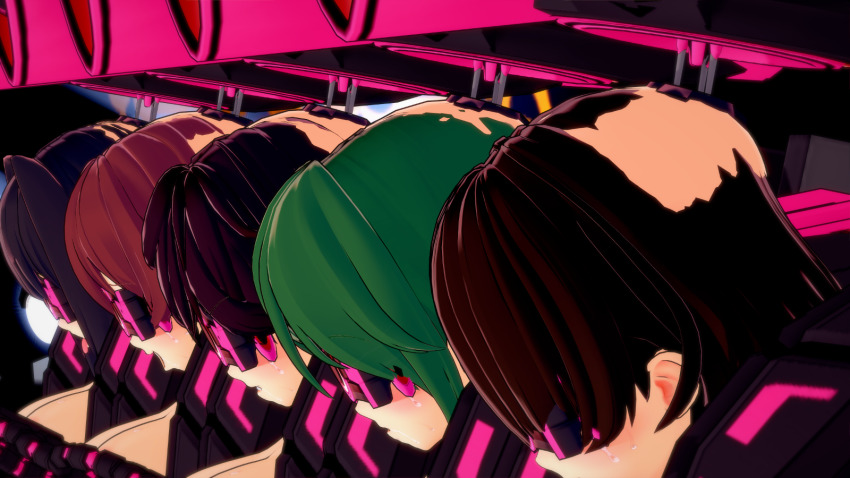 3d black_hair blush brown_hair cleavage corruption empty_eyes female_only femsub green_eyes injection koikatsu! long_hair multiple_girls multiple_subs pink_eyes popo_bologna restrained sex tears tech_control topless visor
