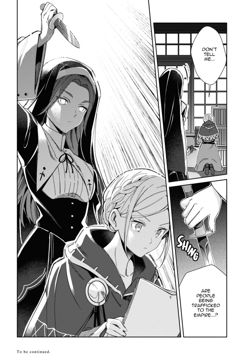 braid cloak comic empty_eyes enemy_conversion english_text female_only femsub greyscale hard_translated i'm_in_love_with_the_villainess long_hair misha_jur monochrome multiple_girls nun official right_to_left speech_bubble text translated unfocused_eyes weapon