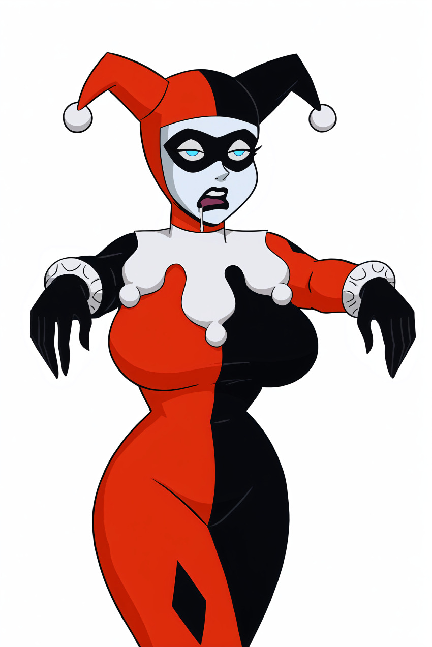 ai_art blue_eyes dc_comics drool empty_eyes expressionless female_only femsub gloves harley_quinn huge_breasts jester lipstick mask minimimic_(generator) minimimic_(manipper) open_mouth simple_background stable_diffusion_(ai) white_background zombie_walk