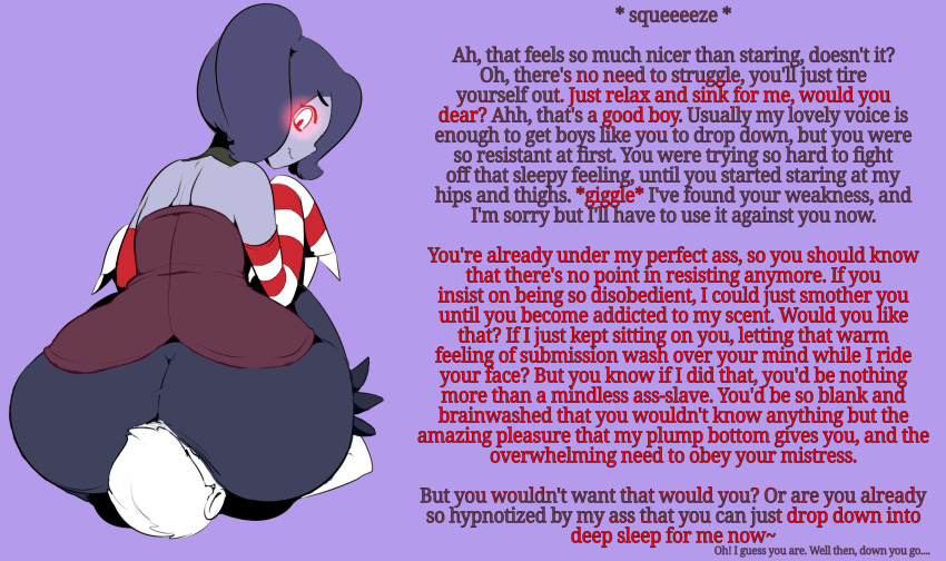 arm_warmers ass ass_focus blue_skin caption caption_only femdom gradient_text huge_ass hypnotic_ass hypnotic_smell looking_back manip pov pov_sub red_eyes short_hair sitting_on_face skullgirls squigly_(skullgirls) text thecon ympulse_(manipper) zombie