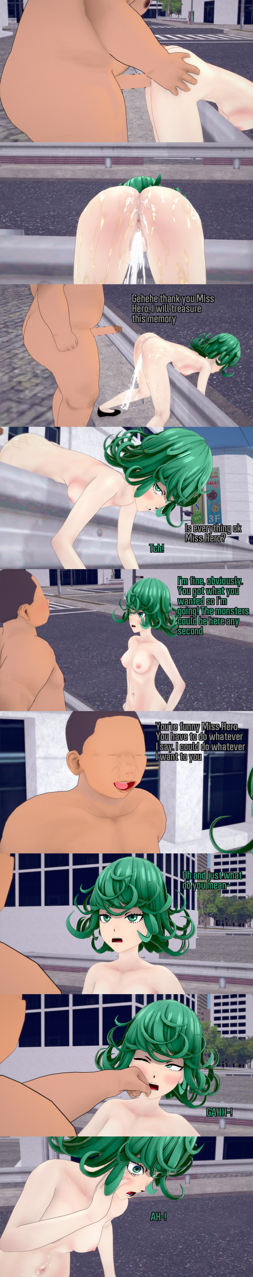 absurdres altered_common_sense blush breasts censored cum cum_in_pussy dialogue english_text fat femsub green_eyes green_hair hairy maledom nipples nude one_punch_man orgasm penis phone sex small_breasts tatsumaki_(one_punch_man) text ugly_bastard v vaginal violence zenin1