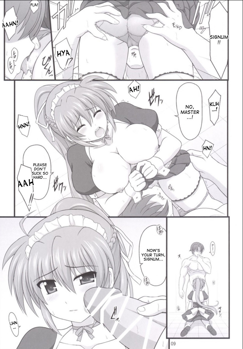 altered_common_sense breasts exposed_chest huge_breasts kneeling licking magic magical_girl_lyrical_nanoha maid monochrome panties ponytail signum skirt skirt_lift tagme text translated