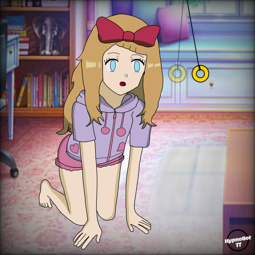 all_fours barefoot blue_eyes bow empty_eyes feet femsub hypnotic37 nintendo open_mouth pendulum pokemon serena tagme