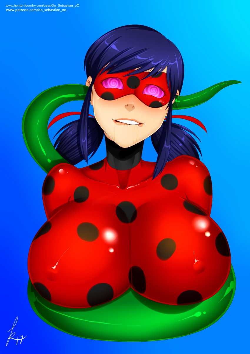 absurdres all_the_way_through blue_hair bodysuit brain_injection breasts drool ear_sex female_only femsub happy_trance huge_breasts hypnotic_tentacle lip_biting marinette_dupain-cheng miraculous_ladybug oo_sebastian_oo spiral_eyes symbol_in_eyes tentacles twintails