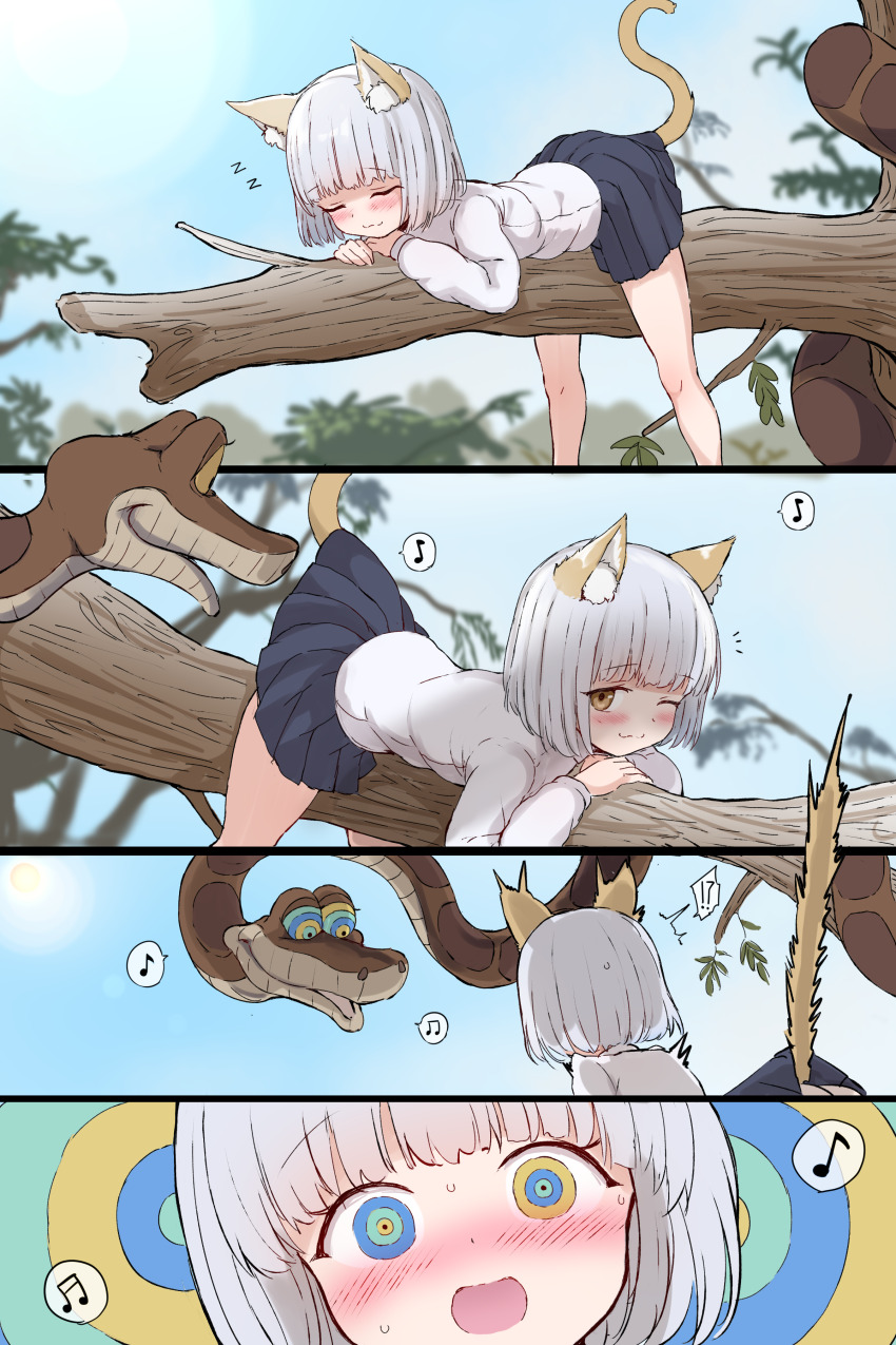 absurdres animal_ears awakening bangs blush cat_ears cat_girl disney femsub gulp5959 happy_trance hypnotic_eyes hypnotic_music kaa kaa_eyes loli maledom skirt sleeping surprised tail the_jungle_book trees white_hair