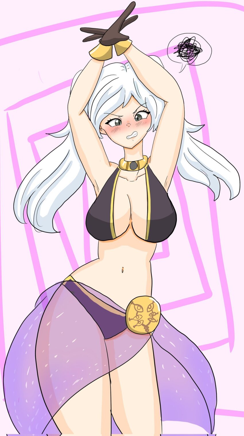 a_singular_fish arms_above_head blush body_control breasts choker cleavage dancer dancing embarrassed eyebrows_visible_through_hair female_only femsub fire_emblem fire_emblem_awakening gloves grey_eyes large_breasts long_hair midriff nintendo robin_(fire_emblem_awakening) thighs twintails unhappy_trance white_hair