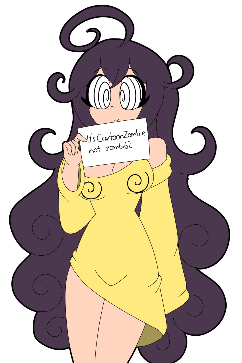 ahoge bare_legs bare_shoulders black_hair cartoonzombie cleavage eyebrows_visible_through_hair female_only femsub happy_trance hypno-tan long_hair messy_hair original sign simple_background smile solo spiralwash_eyes sweater text white_background